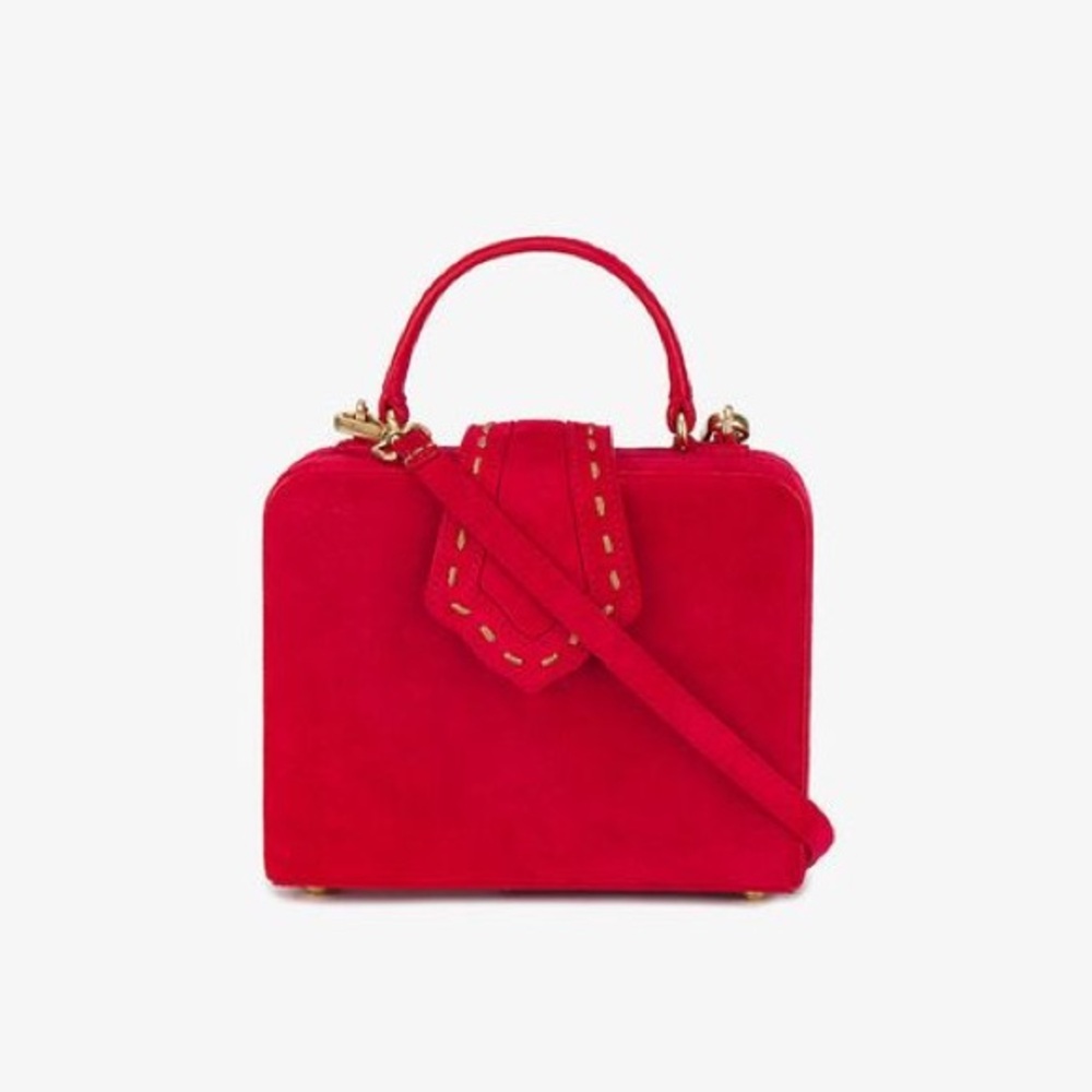 MEHRY MU Red Suede Fey Box Bag Classic Stitched Top Handle Crossbody Bag - Picture 8 of 15